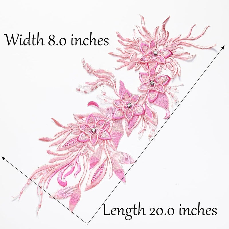 Silvora Phoenix Peacock Feather Tail Fabric Beaded Lace Applique,3D Embroidered Flower Fabric Patch for Bridal Dress, Handmade Sewing Tool for Wedding DIY Crafts(Pink) - Image 2